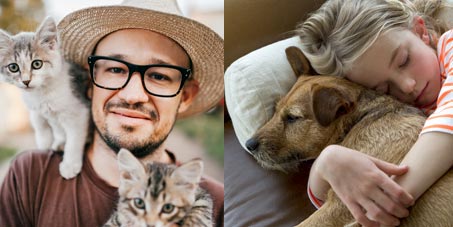 Picture of a man wearing a hat and glaseses holding a cat and a cat sitting on his shoulder and another picture of a young girl hugging a dog